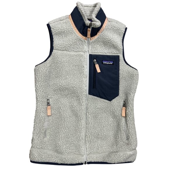 Patagonia Other - Patagonia Women's XXS Cream Sherpa Fleece Vest With Navy Accents & Zippered Pock